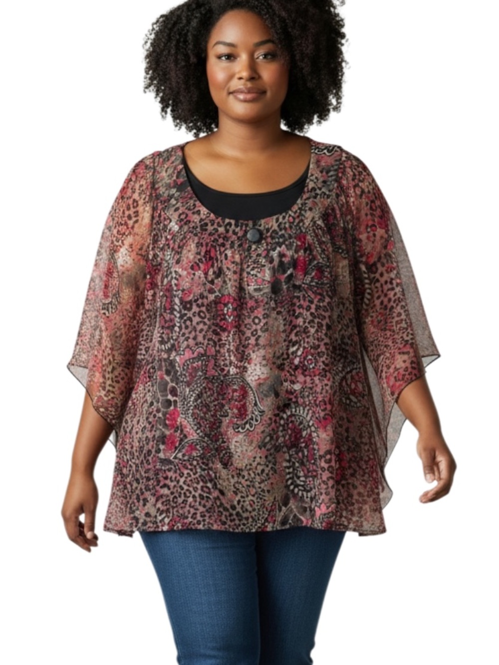 Sara Michelle Pink Floral Leopard Sheer Tunic Top